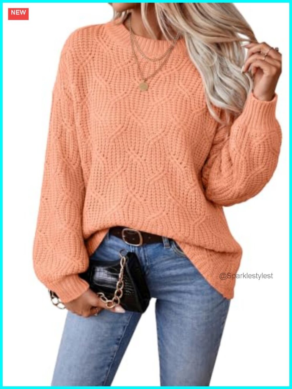 Cable Knit Long Sleeve Crewneck Lantern Sleeve Pullover Sweater